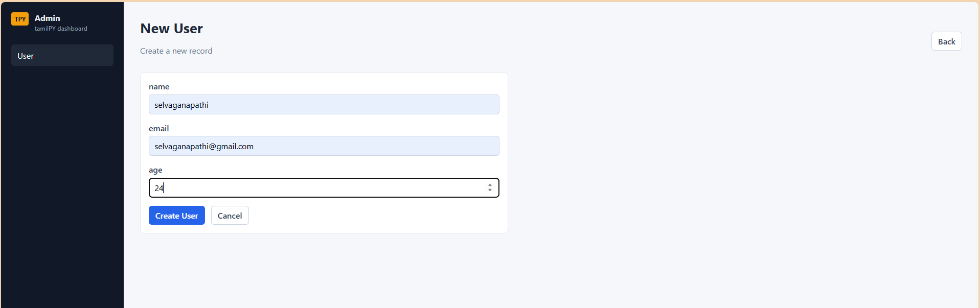 TPY Admin — New User create form