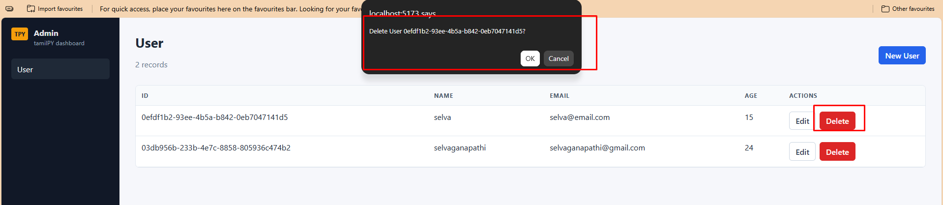 TPY Admin — Delete confirmation dialog on User list