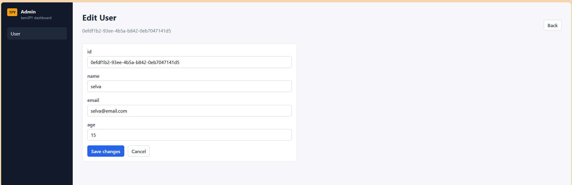 TPY Admin — Edit User form with Save changes